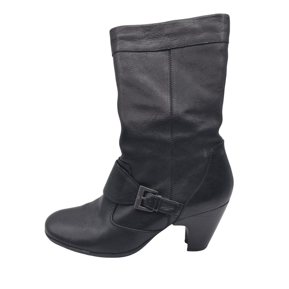 Born Crown Boots‎ Womens Size 7.5 Black Leather Mid Calf Buckle Zip Riding Heel